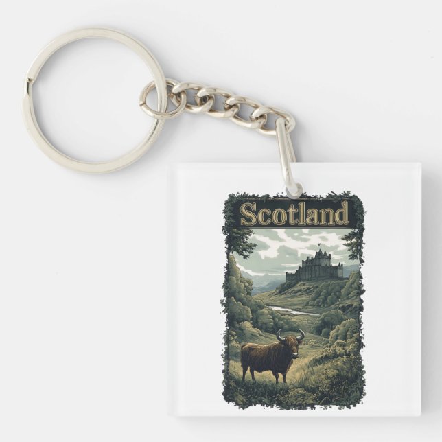 Porte-clefs Création Écosse : Vache des Highlands, Château et  (Devant)