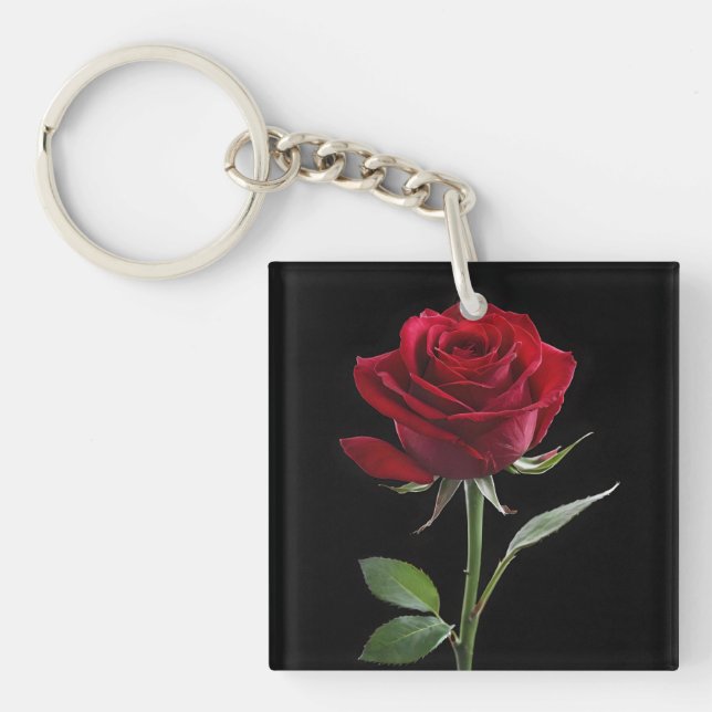 Porte-clefs Crimson sur l'ébène : La rose rouge unique, (Devant)