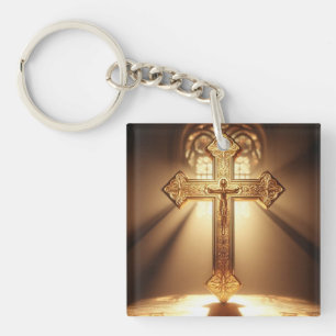 Porte-clefs Croix celtique or avec Crucifixion