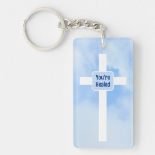 Porte-clefs Croix Chrétienne Bleue Lumière Bible Verse Guérir