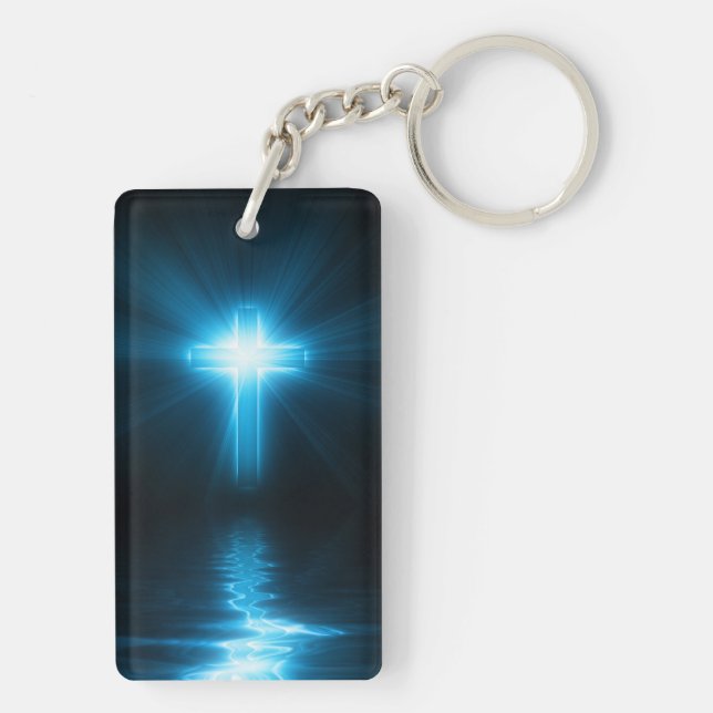 Porte-clefs Croix chrétienne dans la lumière bleue (Dos)