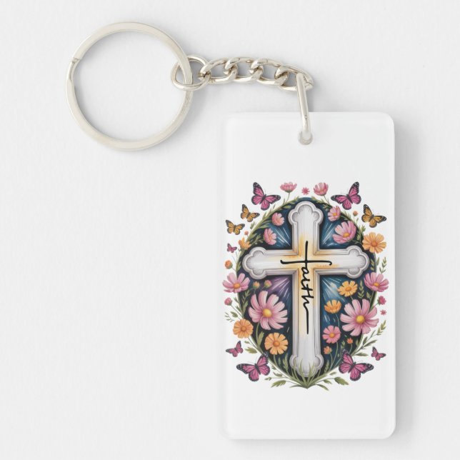 Porte-clefs Croix de foi florale  (Devant)