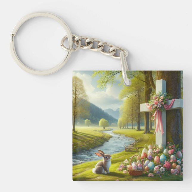 Porte-clefs Croix de Pâques avec lapin et oeufs (Devant)