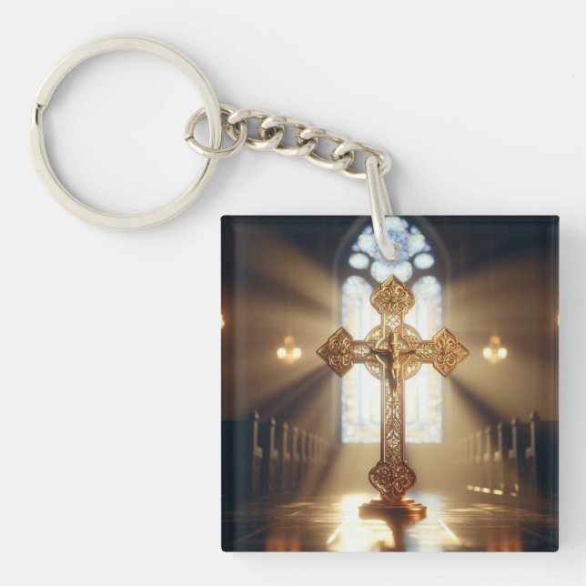 Porte-clefs Croix d'or avec Crucifix (Devant)