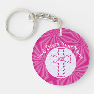 Porte-clefs Croix en zigzag rose chaud sur fond blanc et rose 