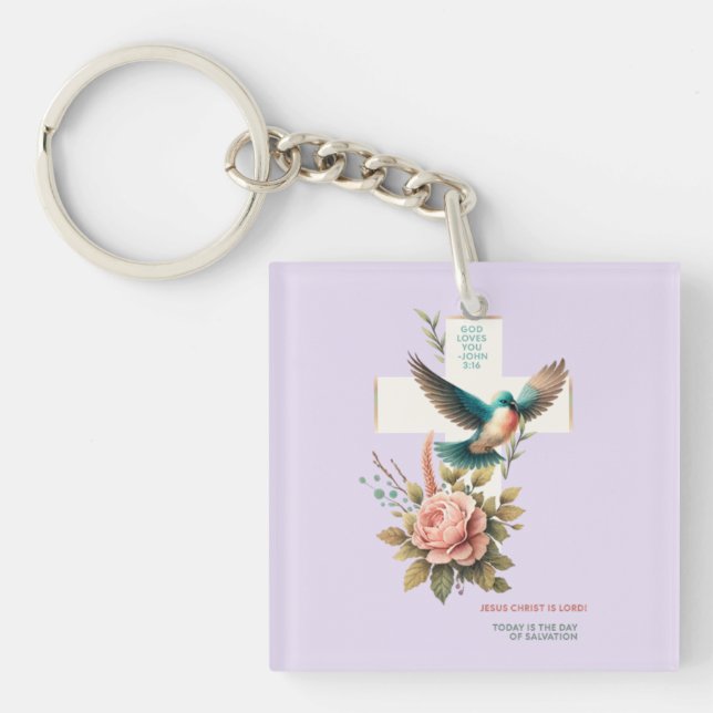 Porte-clefs Croix et oiseau Dieu t'aime conception (Devant)