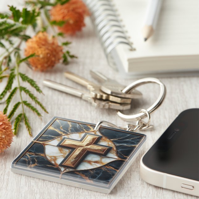 Porte-clefs Croix noire et Marbre blanc dévoilée avec or (Devant Droit)