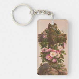 Porte-clefs Croix rustique antique, roses sauvages, carte de P