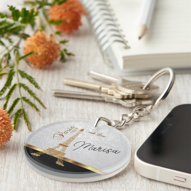 Porte-clefs Cuir blanc Faux avec accent Paris or (Devant droit)