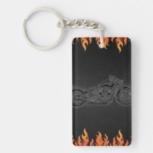 Porte-clefs Cuir noir flammes orange feu chaud moto