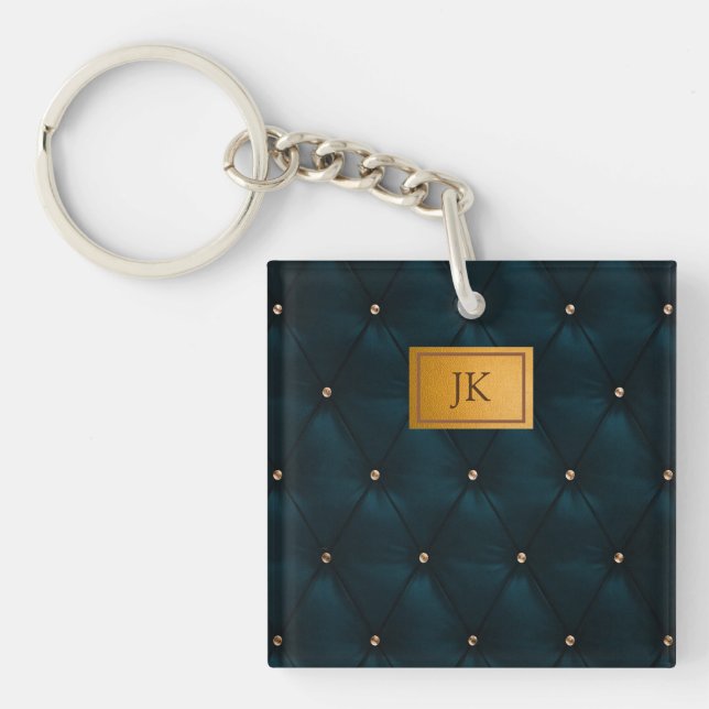 Porte-clefs Cuir Vert Élégant, Diamants, Monogramme (Devant)