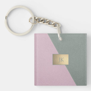 Porte-clefs Cuir vert rose élégant, Monogramme