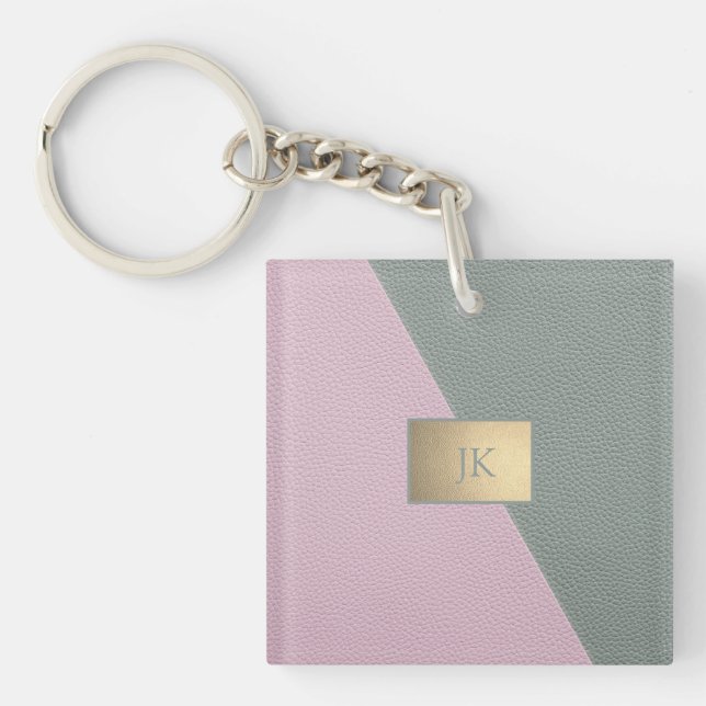 Porte-clefs Cuir vert rose élégant, Monogramme (Devant)