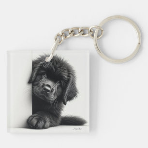 Porte-clefs Curieux chiot Terre-Neuve noir qui regarde