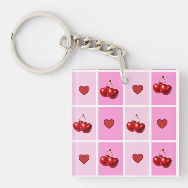 Porte-clefs Custom Cherry Heart Checkerboard Pattern (Devant)