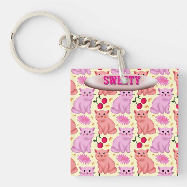 Porte-clefs Custom Cute Cat Cherry Floral Pattern (Devant)