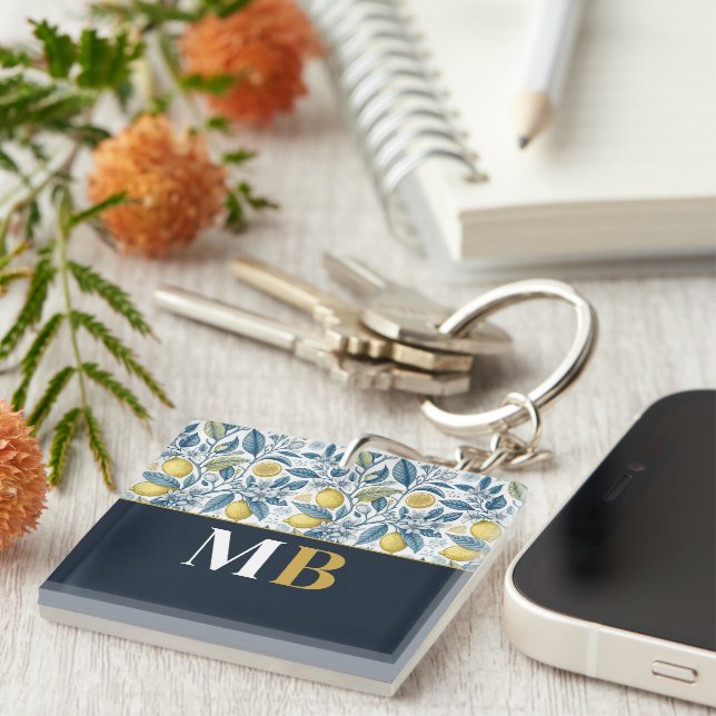 Porte-clefs Custom Elegant Mediterranean Lemon Botanical Navy (Devant Droit)