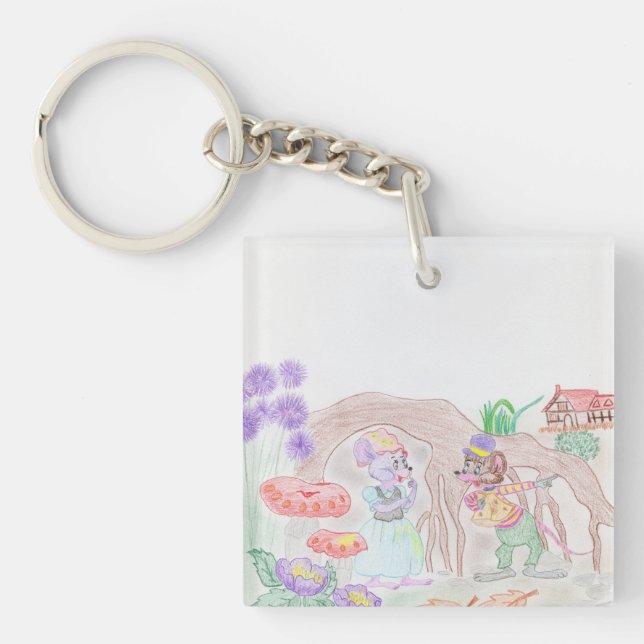 Porte-clefs Custom Kids Artwork, deux mignonnes souris, fleurs (Devant)