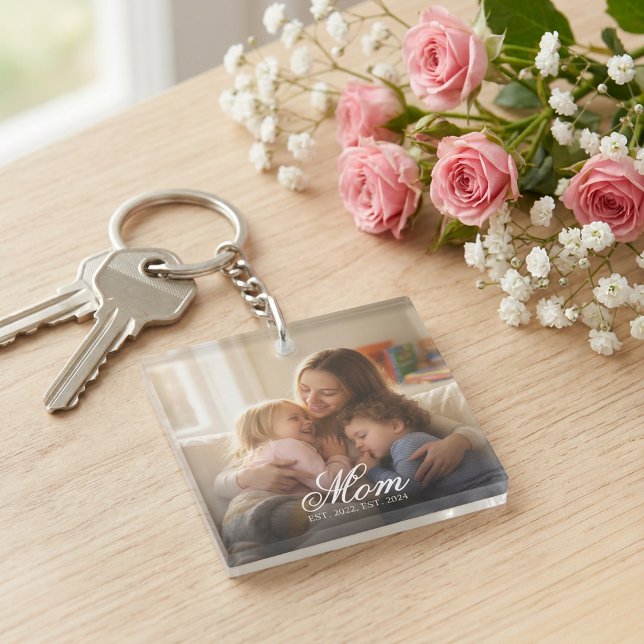 Porte-clefs Custom Mom Photo Script Est Date Mother's Day (Mom Established White Elegant Script Photo Keychain )