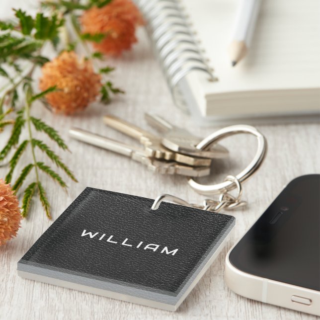 Porte-clefs Custom Name Black Leather Finish Texture (Devant Droit)