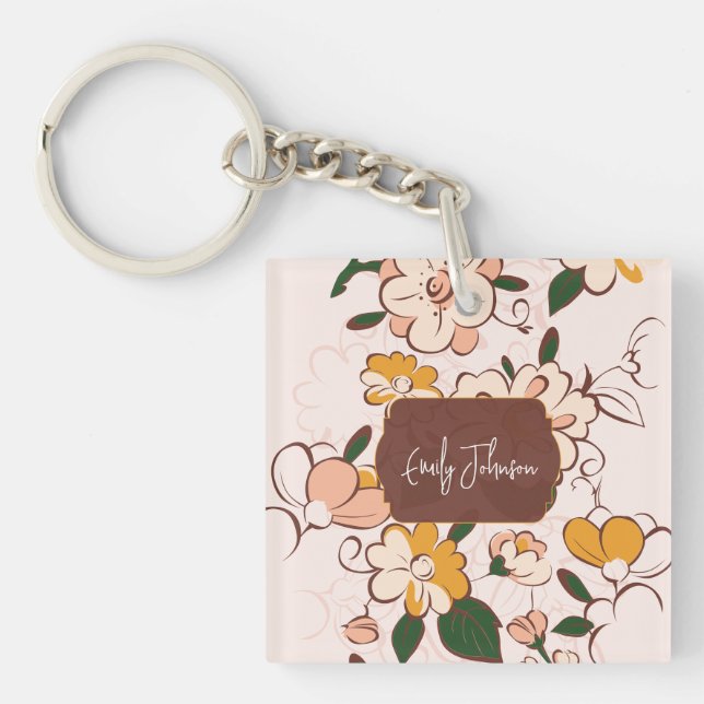 Porte-clefs Custom Name Bohemian Peach Floral Script Name (Devant)