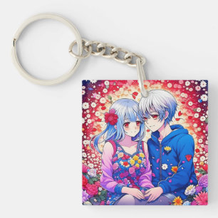 Porte-clefs Cute Anime Couple, Fleurs et Coeur Personnalisé