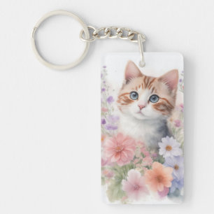 Porte-clefs Cute Aquarelle Kitten avec Floral