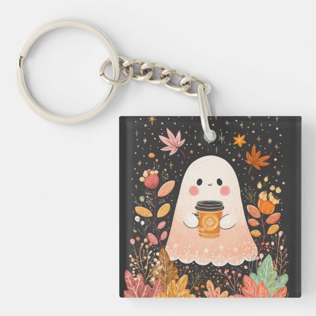 Porte-clefs Cute Autumn Ghost with Pumpkin Coffee – Cozy Fall  (Devant)