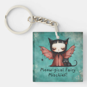 Porte-clefs Cute Bat Fairy & Her Cat Halloween