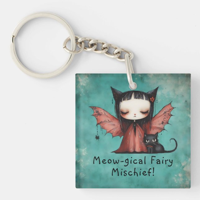 Porte-clefs Cute Bat Fairy & Her Cat Halloween (Devant)