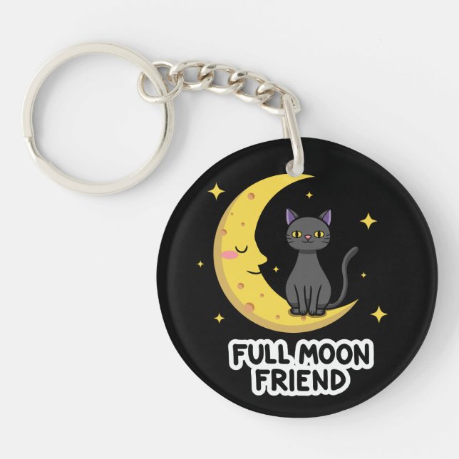 Porte-clefs Cute Black Cat on Moon - Full Moon Friend (Devant)