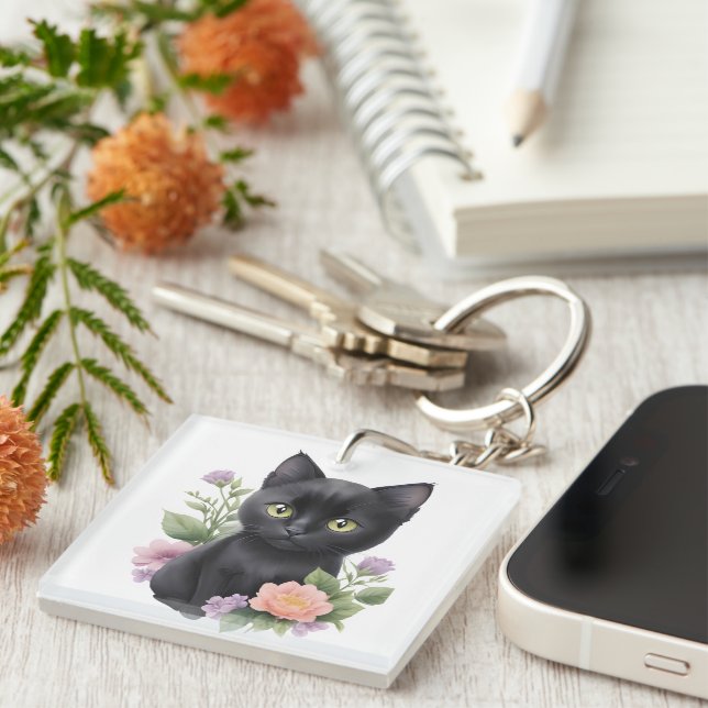 Porte-clefs Cute Black Chat Floral Whimsical (Devant Droit)