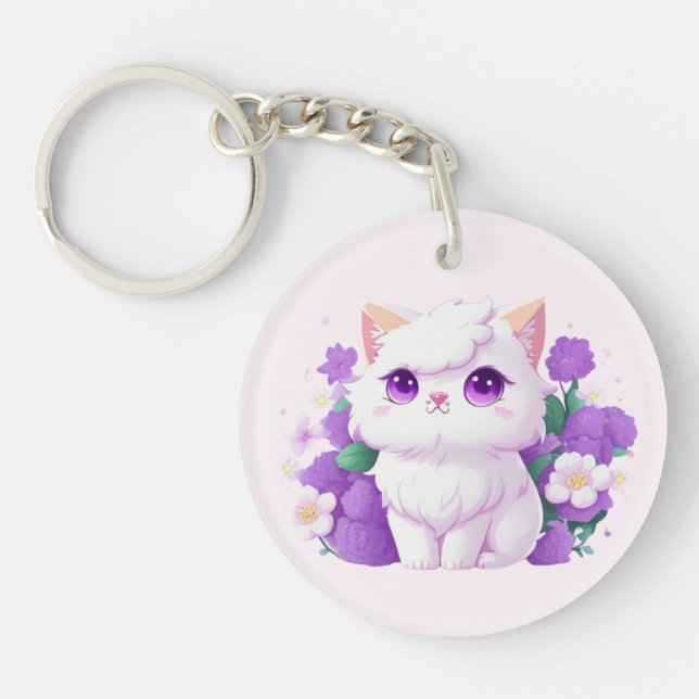 Porte-clefs Cute blanc Fluffy Chat persan avec gloire du matin (Devant)