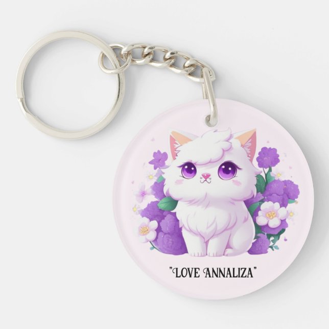 Porte-clefs Cute blanc Fluffy Chat persan avec gloire du matin (Devant)