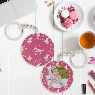 Porte-clefs Cute Bunny Flore Motif Monogramme Photo Magenta