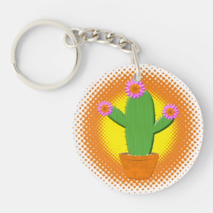 Porte-clefs Cute Cactus Cartoon Avec Fleurs Roses