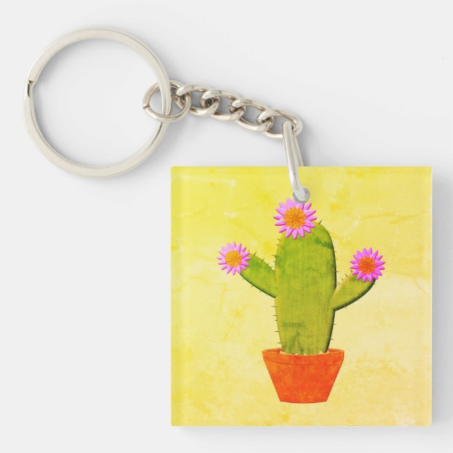 Porte-clefs Cute Cactus En Dessin Avec Peinture De Fleurs Rose (Devant)