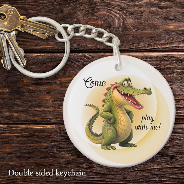 Porte-clefs Cute Cartoon Smiling Crocodile "Come Play With Me" (Cute Cartoon Smiling Crocodile Come Play With Me Keychain for children)