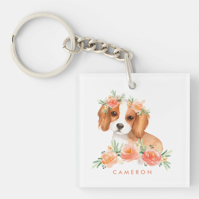 Porte-clefs Cute Cavalier King Charles Spaniel Orange Fleurs (Devant)