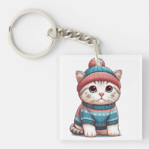 Porte-clefs Cute Chat en pull et beanie