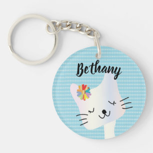 Porte-clefs Cute Chat et Fleurs Dotty Personnalisé