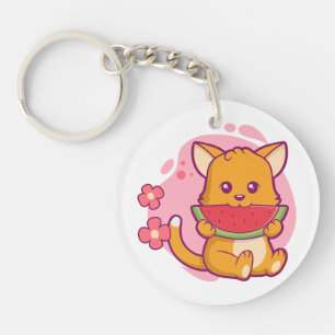 Porte-clefs Cute Chat Manger Watermelon Kawaii