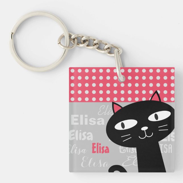 Porte-clefs Cute Chat Noir Pois Rose Ajouter Votre Nom (Devant)