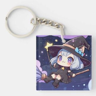Porte-clefs Cute Chibi Witch Flying in the Night Sky