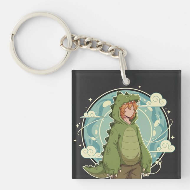 Porte-clefs Cute Dino Friend Anime Boy - Green Dinosaur (Devant)