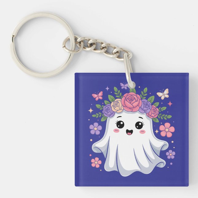Porte-clefs Cute Fantôme Floral Kawaii Fantôme Halloween Kawai (Devant)