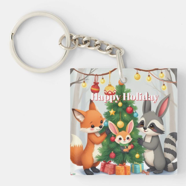 Porte-clefs  Cute Fox, Raccoon, & Bunny Christmas Keepsake (Devant)