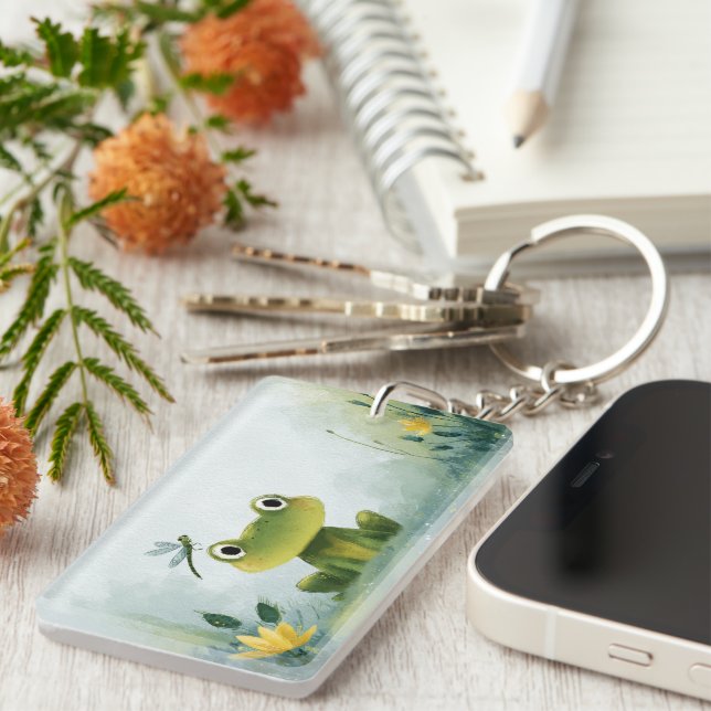 Porte-clefs Cute Frog & Dragonfly – Soft Nature Illustration (Devant droit)