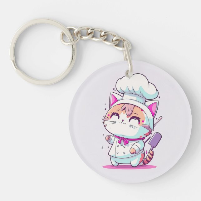 Porte-clefs Cute Happy Baker Pâtisserie Chef Chat Kitten | (Devant)