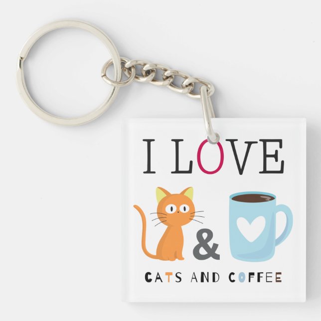 Porte-clefs Cute I Love Chats et Café Blanc (Devant)